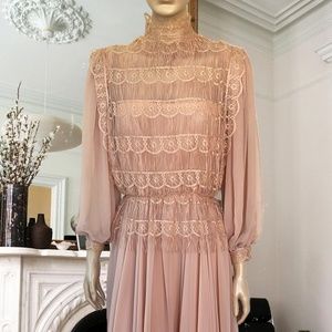 Vintage Beige Lace and Fringe Sheer Midi Dress SM